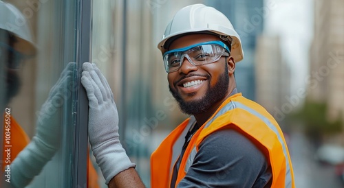 Construction worker smiling while installing glass panels on a building in an...