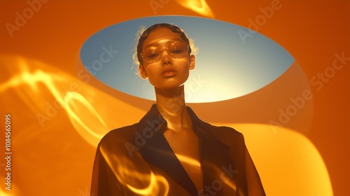 Elegant Woman in Artistic Golden Light with Abstract Background, Concept of Modern Beauty, Sophistication, and Empowerment photo