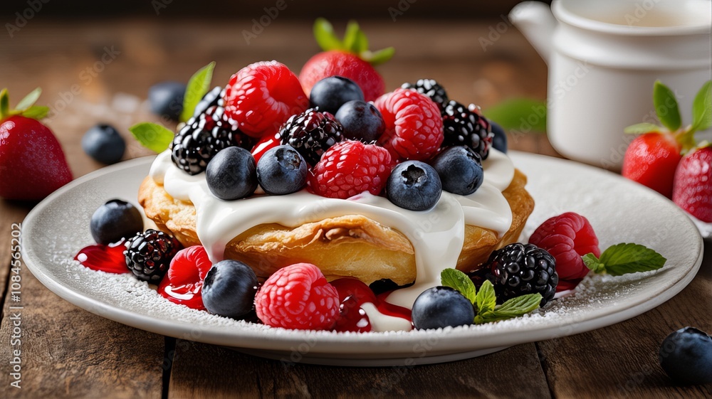 Delicious puff pastry topped with whipped cream, blueberries, raspberries, and blackberries, garnished with fresh mint leaves on a rustic wooden table. Delicious puff pastry topped with whipped cream, blueberries, raspberries, and blackberries, garnished with fresh mint leaves on a rustic wooden table.