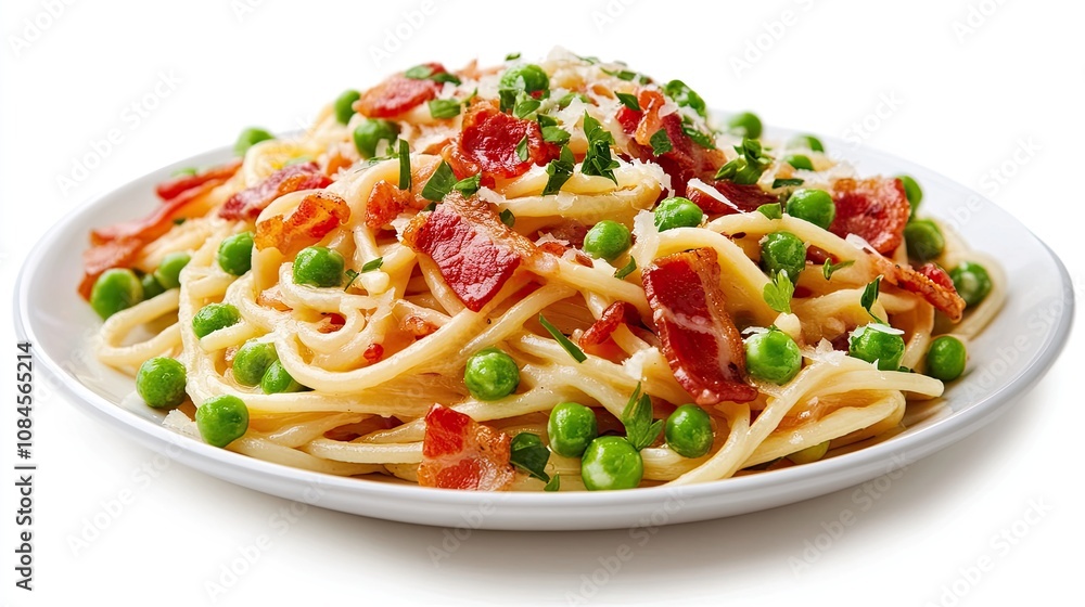 Photo of a plate of spaghetti carbonara with bacon and beans isolated on a white background. Photo of a plate of spaghetti carbonara with bacon and beans isolated on a white background.