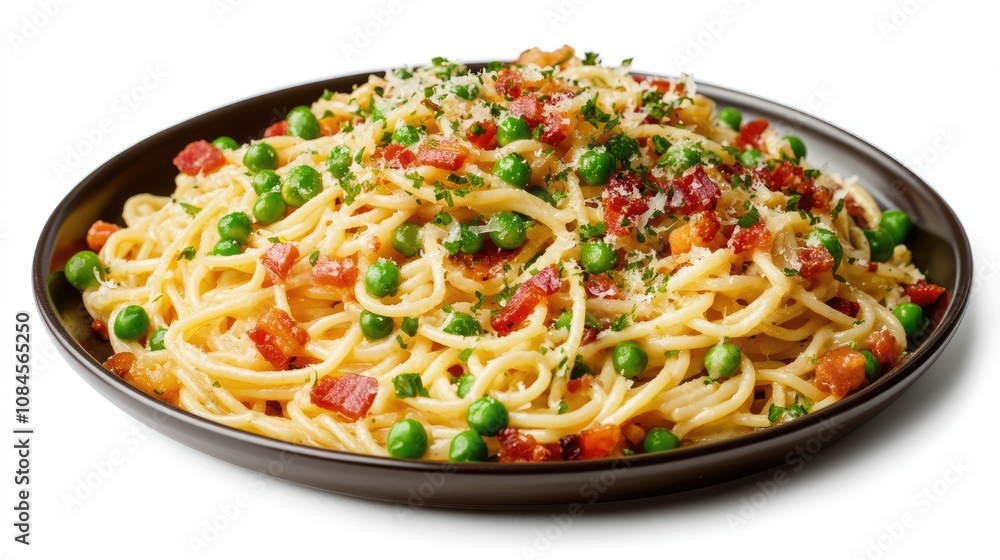 Photo of a plate of spaghetti carbonara with bacon and beans isolated on a white background. Photo of a plate of spaghetti carbonara with bacon and beans isolated on a white background.