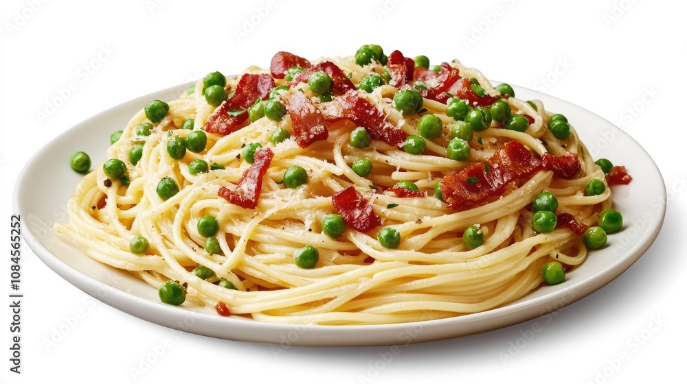 Photo of a plate of spaghetti carbonara with bacon and beans isolated on a white background. Photo of a plate of spaghetti carbonara with bacon and beans isolated on a white background.