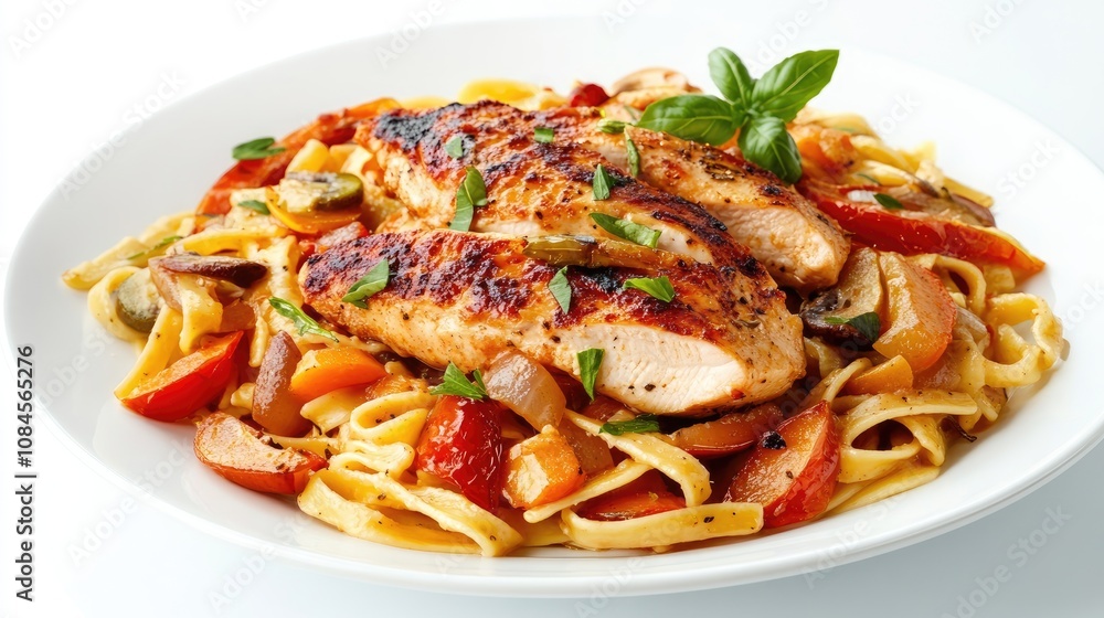 Photo of delicious chicken and fettuccine on white background. Photo of delicious chicken and fettuccine on white background.