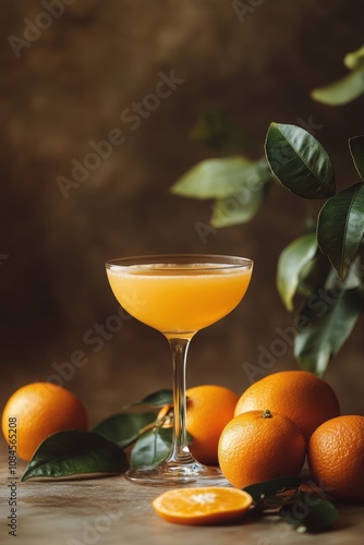 Refreshing citrus cocktail in a glass garnished with orange on a table with o...