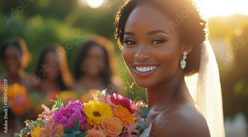 A radiant bride stands in warm sunlight, holding a colorful bouquet