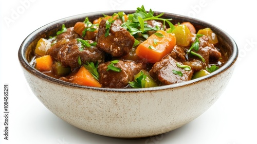 Photo of a delicious stir-fried beef bowl isolated on white background.