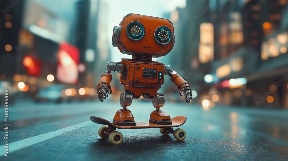 Playful small robot on a skateboard in an urban cityscape Playful small robot on a skateboard in an urban cityscape