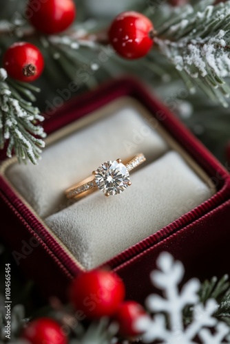 Beautiful engagement ring displayed in a red velvet box surrounded by snow an...