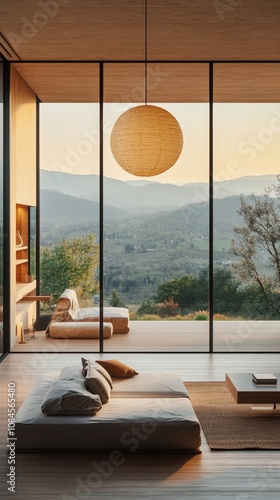 A serene bedroom with a breathtaking mountain view and minimalist design in n...