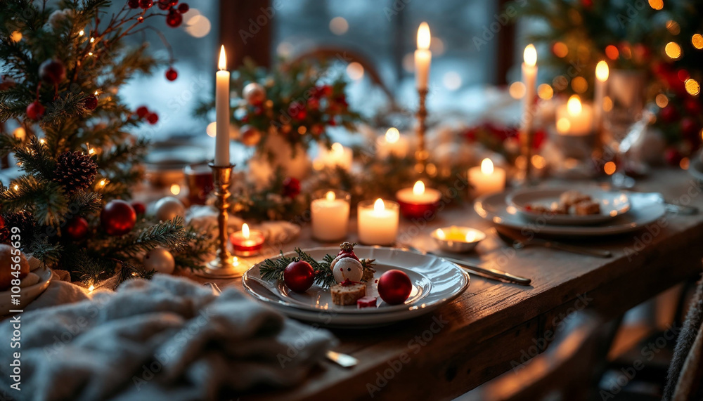 Cozy holiday dinner table with candles and festive decorations at twilight Cozy holiday dinner table with candles and festive decorations at twilight
