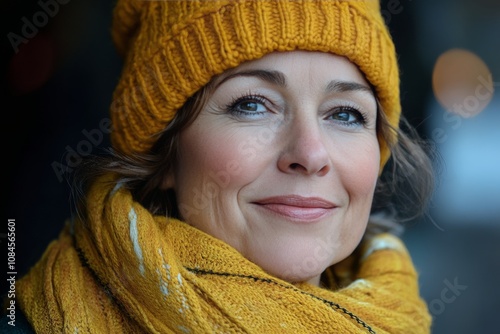 A woman with a warm smile wearing a yellow knitted hat and scarf during a chi...