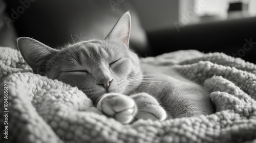 A cozy tabby cat peacefully napping on a soft blanket in a warm living room s...
