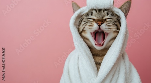 A playful cat yawning while wrapped in a cozy towel against a pink background