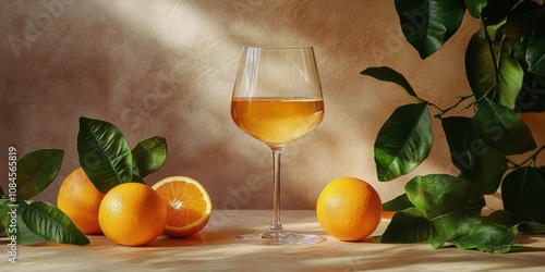 On a wooden table, several vibrant oranges are placed alongside a glass fille...