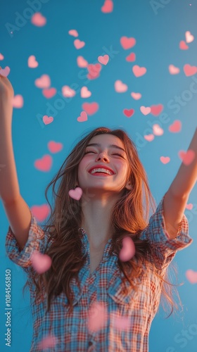 A joyful young woman celebrating surrounded by heart shaped confetti in a ser...