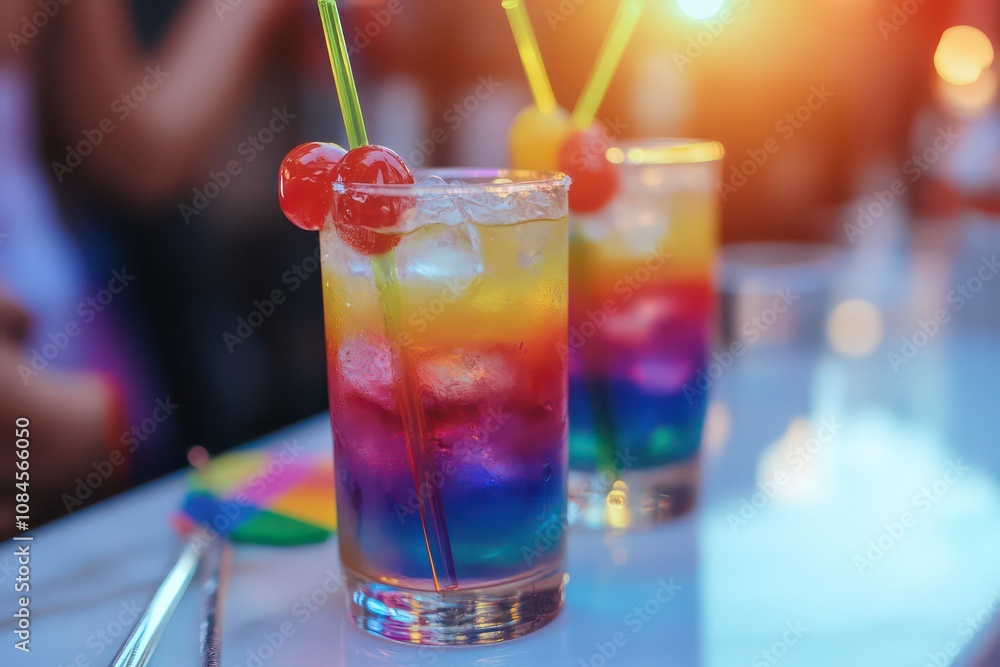 A rainbow-themed cocktail at a Pride celebration. A rainbow-themed cocktail at a Pride celebration.