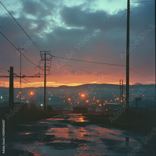 Golden sunset over a city skyline with gentle clouds and distant buildings at...