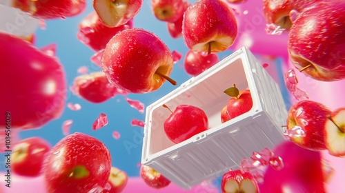 Fresh Red Apples Floating in Mid-Air with White Packaging Against a Bright Blue Sky, Vibrant Concept of Organic Produce, Healthy Living, and Nature photo