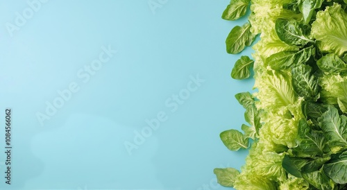 Fresh green lettuce leaves arranged artistically against a light blue backgro...