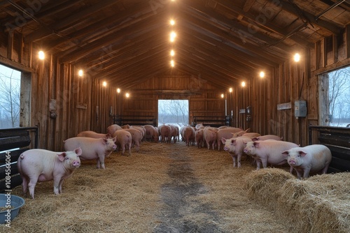 Four pigs standing together in a rustic barn with warm string lights at night