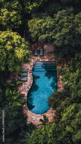 Aerial view of a serene pool surrounded by lush greenery and a cozy cabin in ...