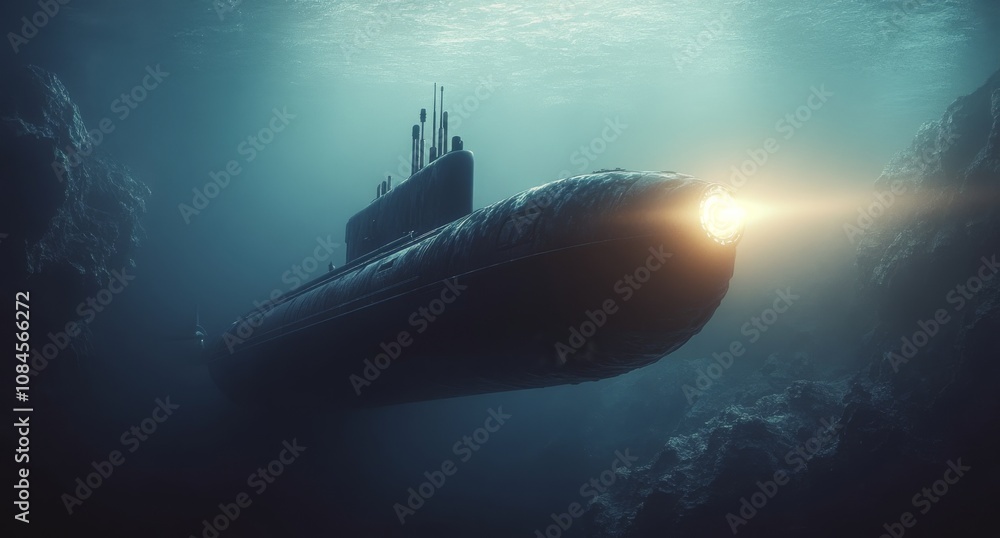 A submarine explores the depths of a dark underwater canyon illuminated by beams of light A submarine explores the depths of a dark underwater canyon illuminated by beams of light