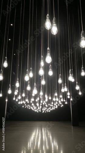 Art installation featuring multiple hanging light bulbs in a darkened room se...