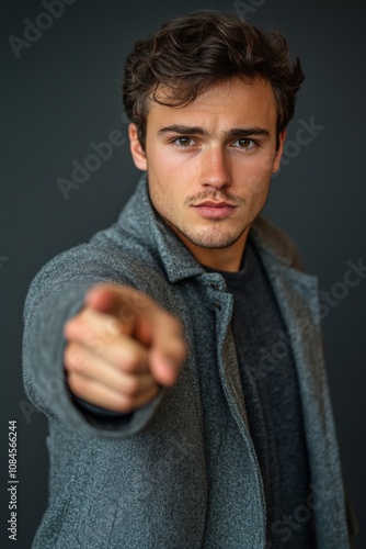 Confident man pointing directly at the camera on a bustling city street durin...