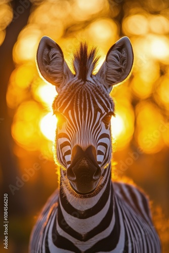 A zebra stands majestically against a vibrant sunset in a golden savannah lan...