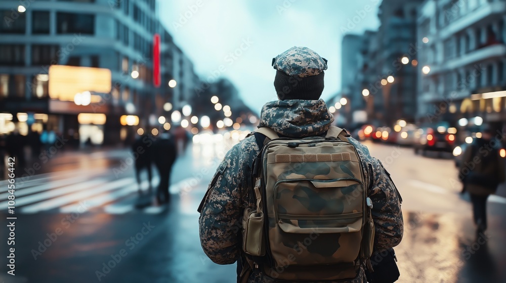A person in military camouflage attire and backpack standing on a city street with blurred lights and traffic in the background during evening. A person in military camouflage attire and backpack standing on a city street with blurred lights and traffic in the background during evening.