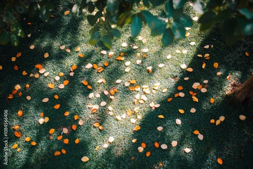 Colorful fallen leaves scattered on green grass in a sunny park during autumn...