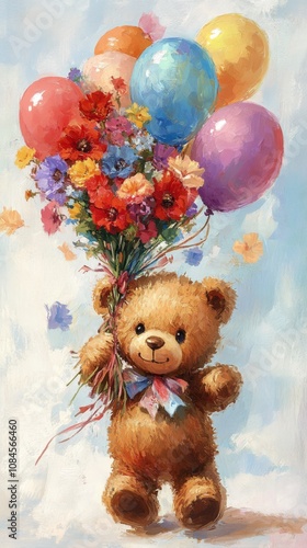 Cute bear holding a bouquet of flowers and colorful balloons in a cheerful se...