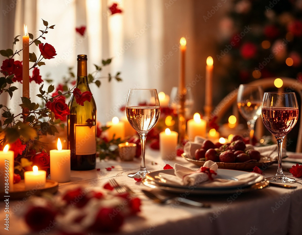 A romantic candlelit dinner table beautifully decorated with roses and fine wine in a cozy setting during a festive evening gathering A romantic candlelit dinner table beautifully decorated with roses and fine wine in a cozy setting during a festive evening gathering