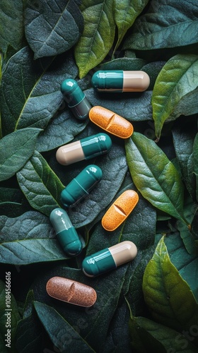 Capsules of various colors resting on green leaves in a natural setting durin...
