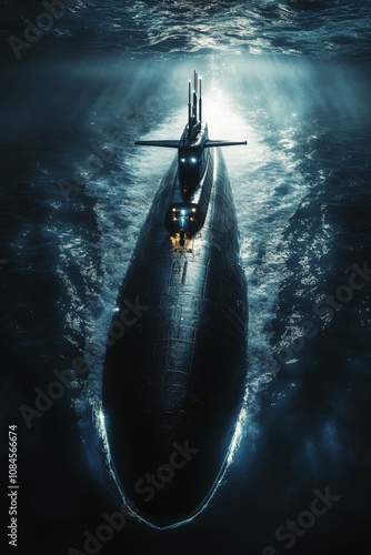 Submarine exploring the deep ocean at night with powerful headlights illumina...