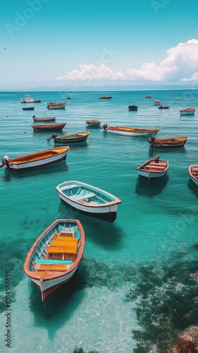 Calm blue waters with multiple boats anchored in the Mediterranean during a s...