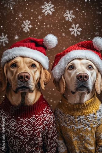 Three festive dogs wearing Christmas sweaters and hats celebrate the holiday ...