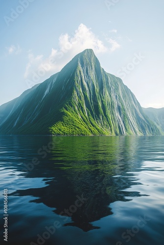 Majestic mountain reflecting in calm waters at sunrise in a serene natural la...