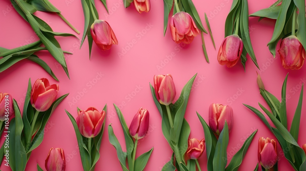 Tulips scattered with green leaves on a pink background. A natural composition. Ideal for spring or flower arrangements, bright colors. Tulips scattered with green leaves on a pink background. A natural composition. Ideal for spring or flower arrangements, bright colors.