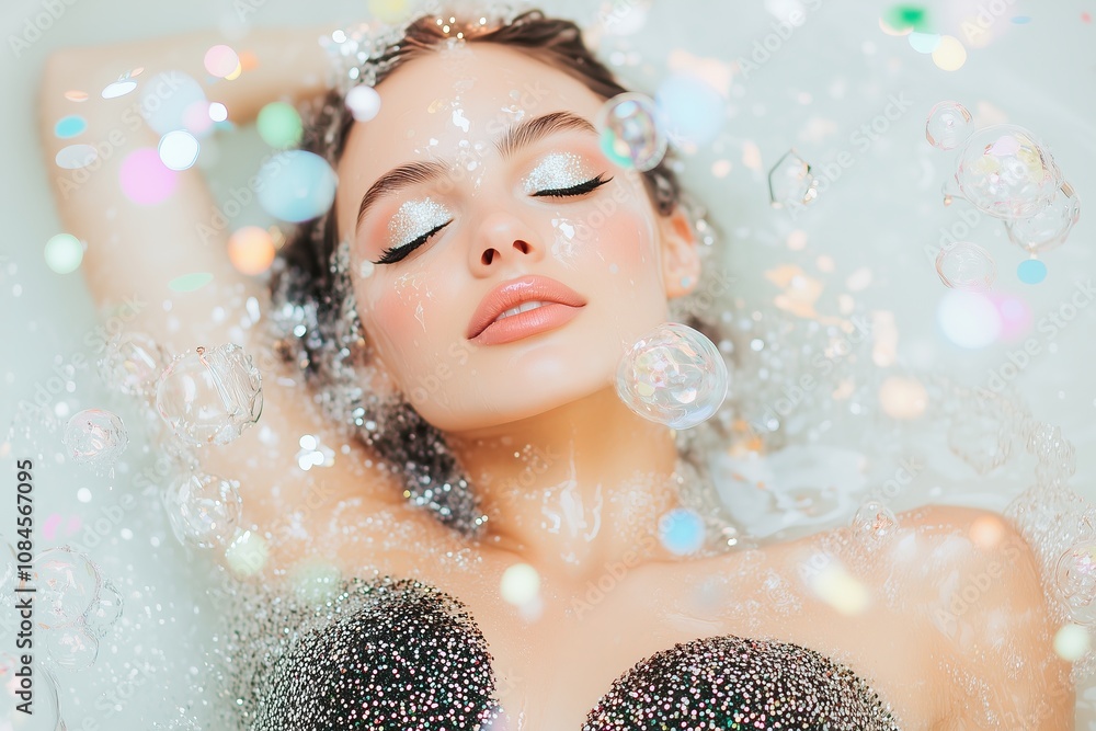 Bathtub Party Day woman in a white bathtub wearing glitter sequin black dress, silver glitter makeup, fun wet look hairstyle, flying foil confetti and bubbles, December 5 Bathtub Party Day woman in a white bathtub wearing glitter sequin black dress, silver glitter makeup, fun wet look hairstyle, flying foil confetti and bubbles, December 5