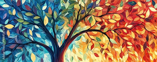 Colorful tree illustration with vibrant leaves and hanging branches, perfect for mural art decor.