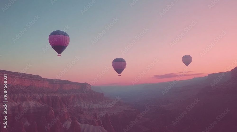 Fototapeta premium Hot air balloons float serenely over a canyon at sunset, painting the sky in pastel hues, AI
