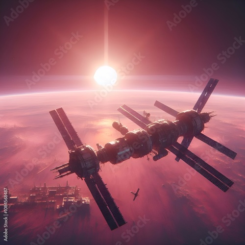 airplane in the sky at sunset, space station