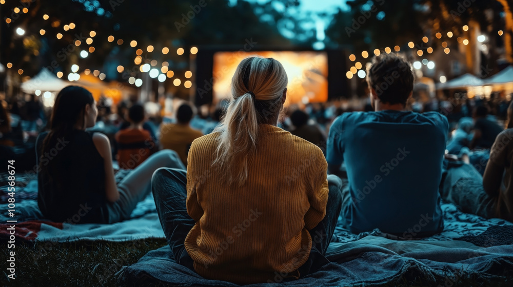 Outdoor movie screening at night with people sitting on blankets, illuminated by string lights, watching a large screen in a park-like setting. Outdoor movie screening at night with people sitting on blankets, illuminated by string lights, watching a large screen in a park-like setting.