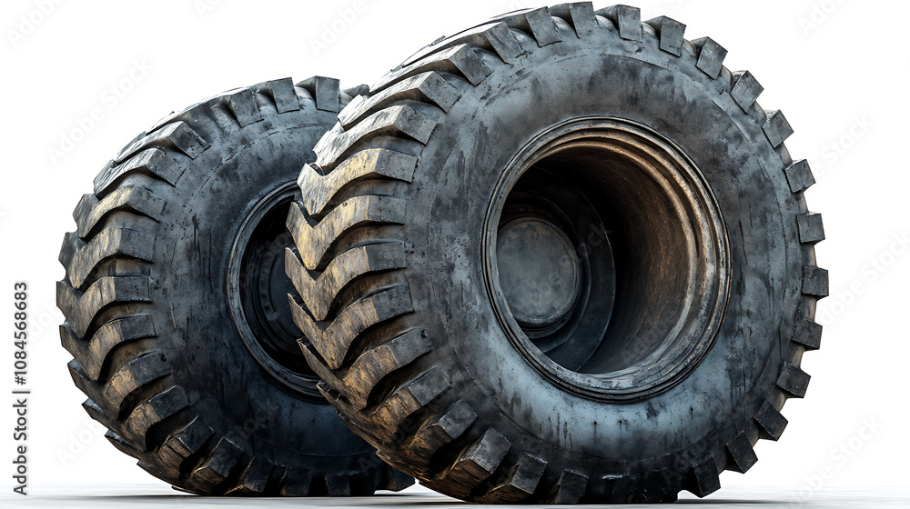 Isolated on a white background, mining truck tire, big tire, tractor tire Isolated on a white background, mining truck tire, big tire, tractor tire
