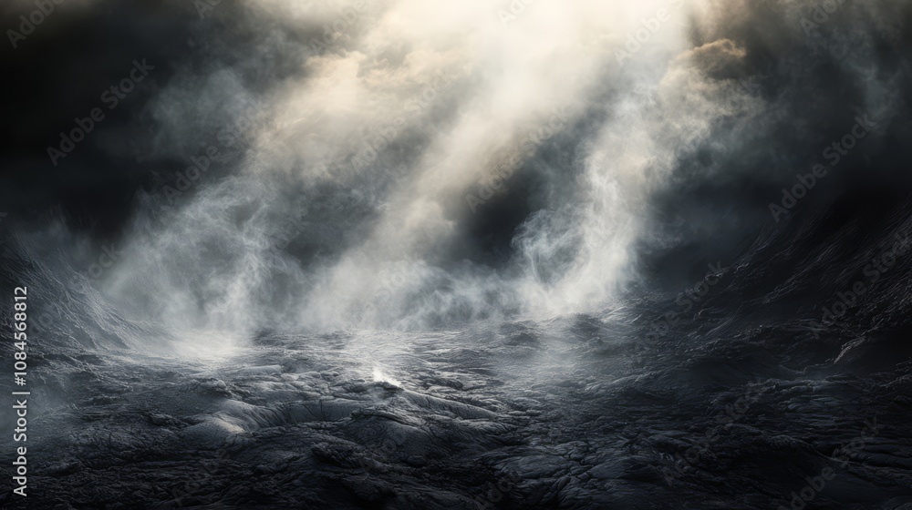 A dramatic and mysterious landscape with smoke and light beams. A dramatic and mysterious landscape with smoke and light beams.