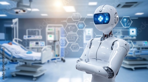 A futuristic robot in a hospital setting, symbolizing advanced healthcare technology.