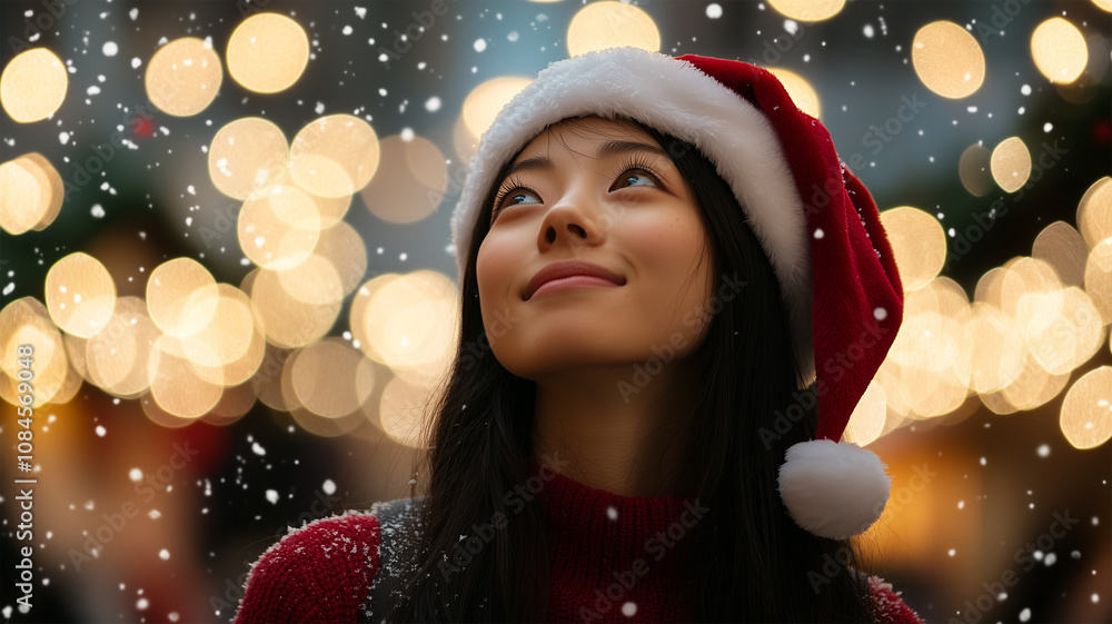 雪が降るクリスマスマーケットで微笑む日本人女性 雪が降るクリスマスマーケットで微笑む日本人女性