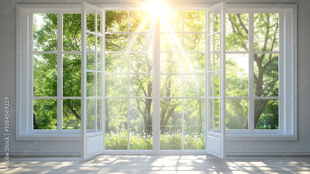 Fototapeta premium New Plastic window frames, Sun rays coming through the window