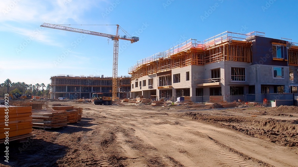 Construction site with crane and buildings under construction. Construction site with crane and buildings under construction.